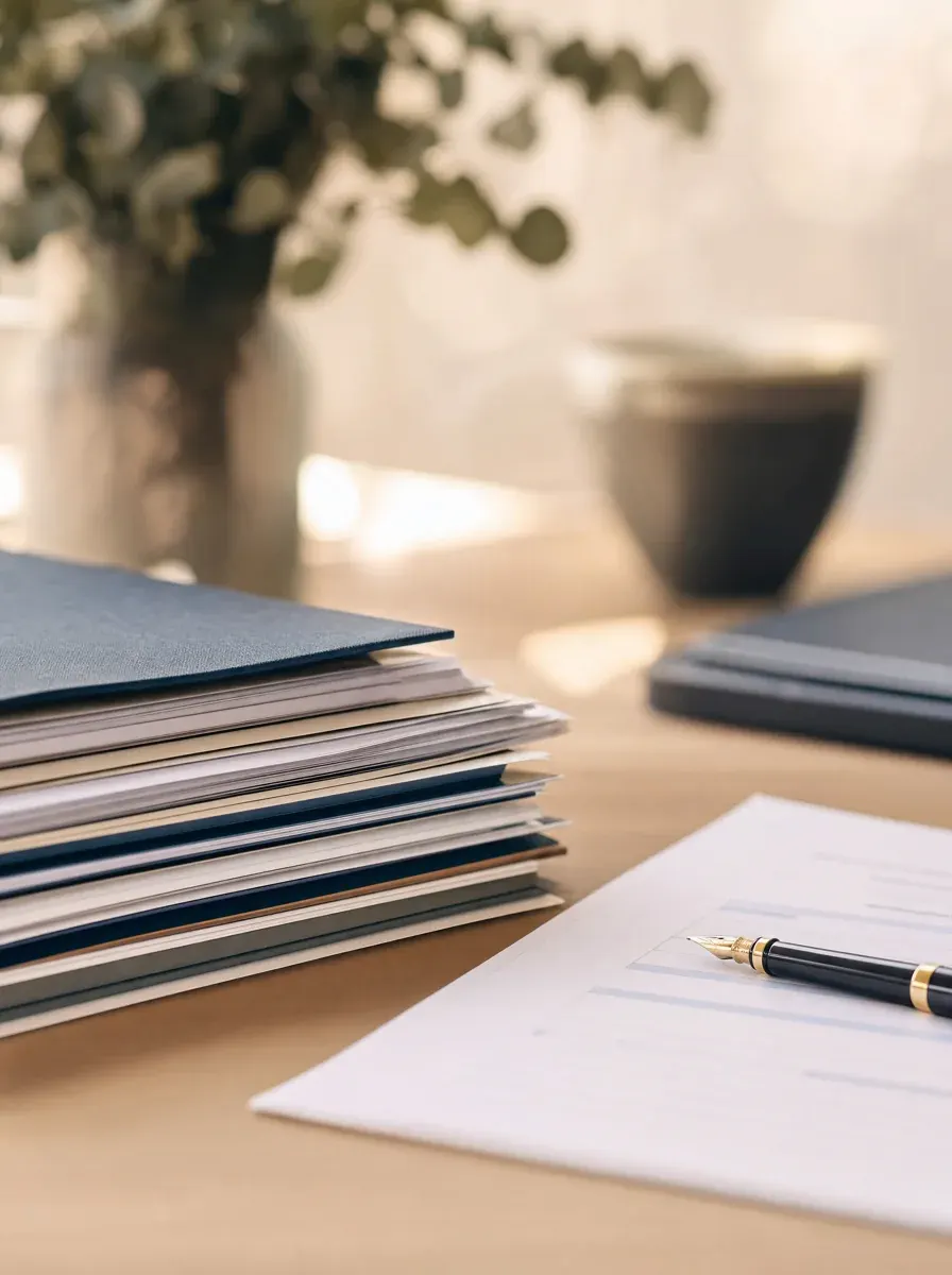Foreign bank statements gathered beside a filing form on a warm desk