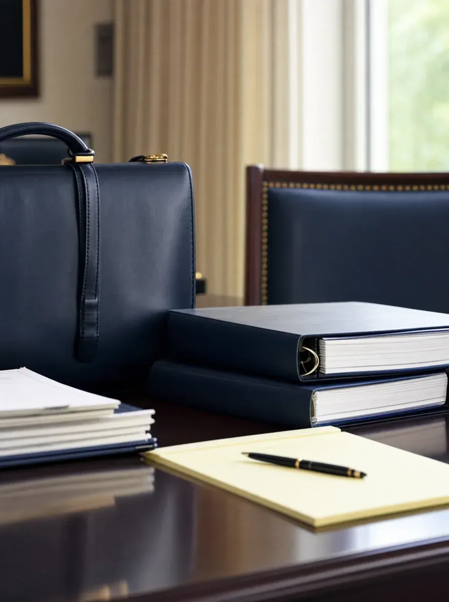 A leather briefcase, thick binders, and a legal pad arranged on a dark counsel table — prepared for the dispute