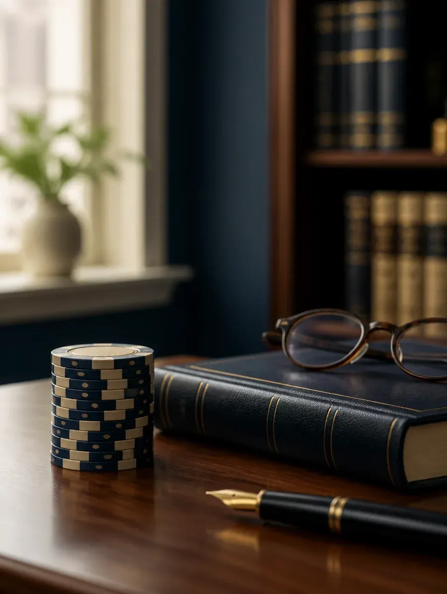 A stack of casino chips beside a leather ledger and reading glasses on a warm wood desk — gambling records kept the way the IRS expects