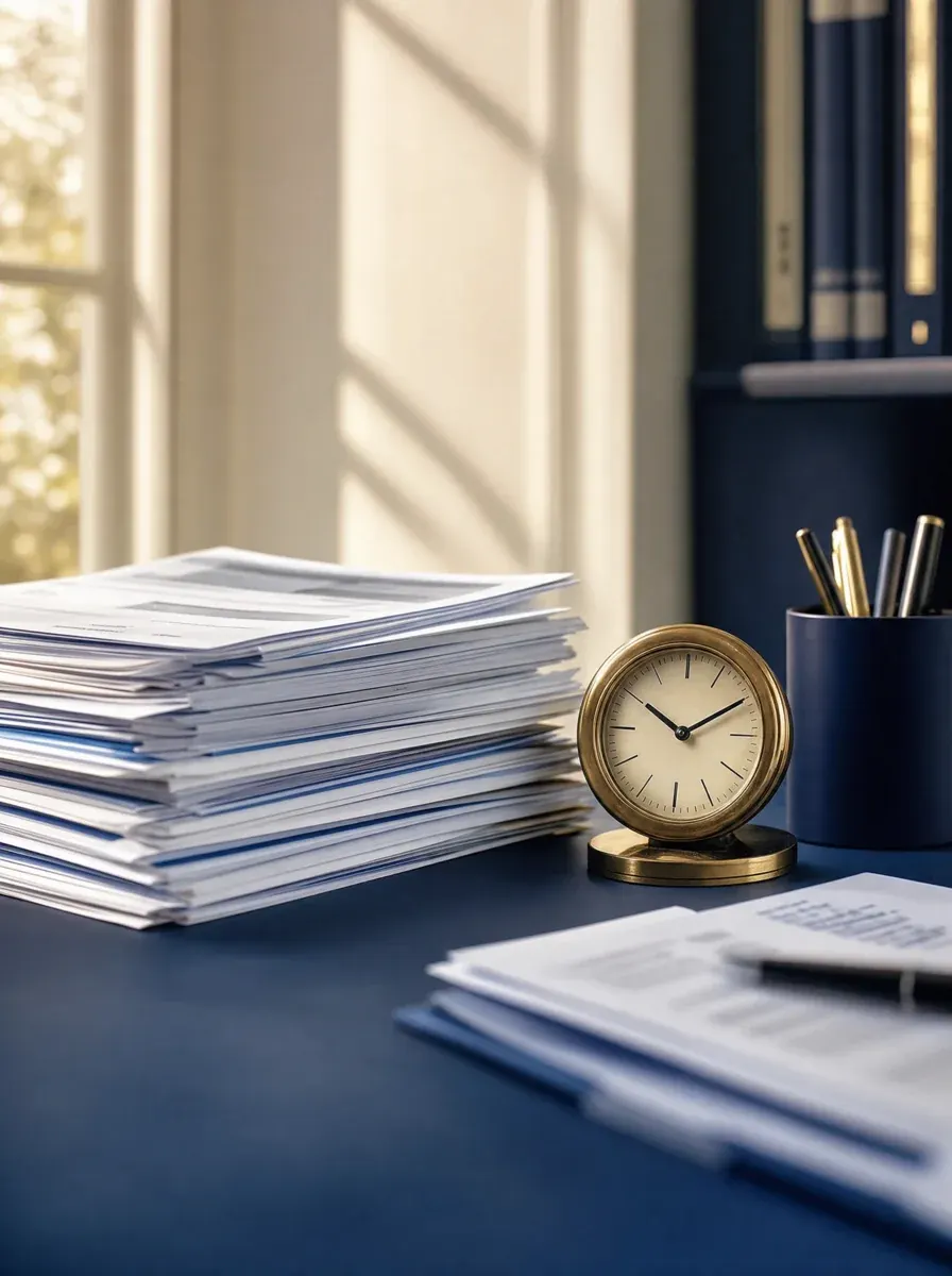 A pile of bank statements beside a small brass desk clock — the levy holding period counted in days