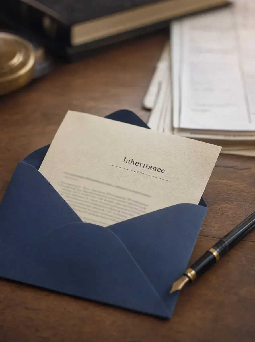 A foreign envelope with an inheritance letter on a warm wooden desk — reportable foreign gifts