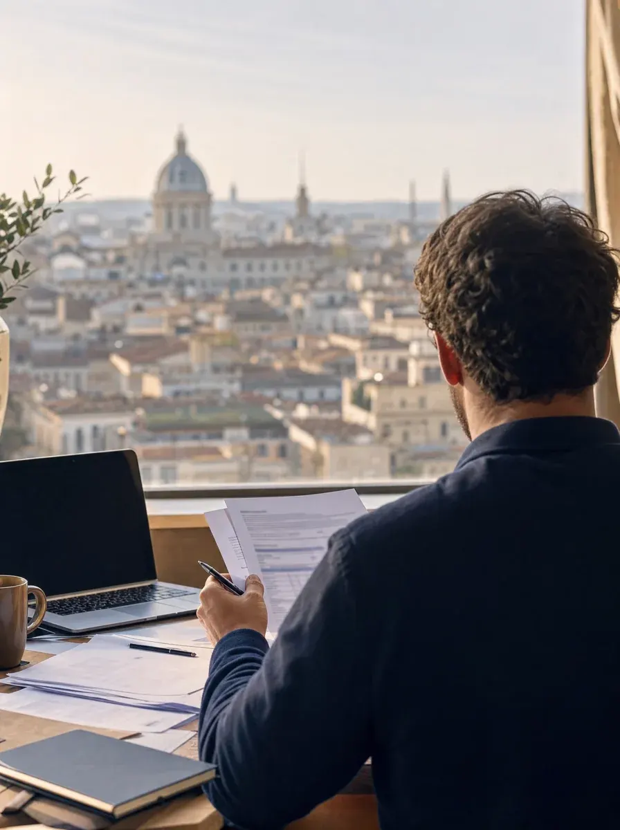 Working at a desk abroad with U.S. tax documents, a European skyline beyond the window