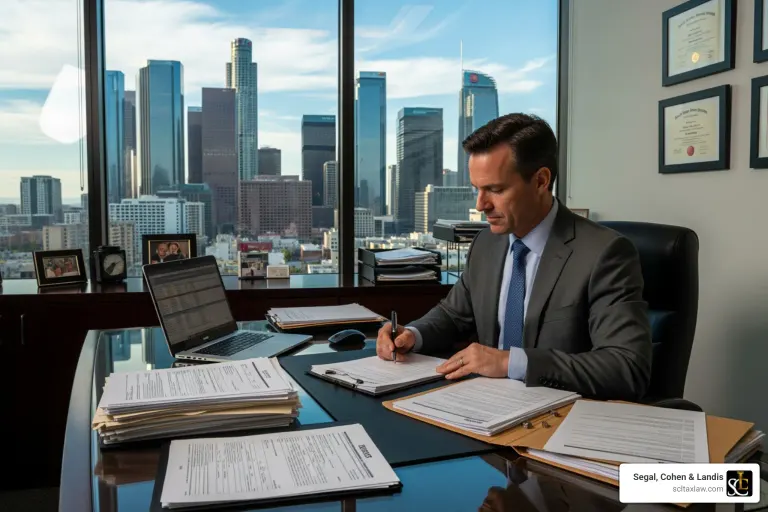 A tax attorney in Los Angeles carefully reviewing financial documents and IRS notices - Los Angeles IRS attorney