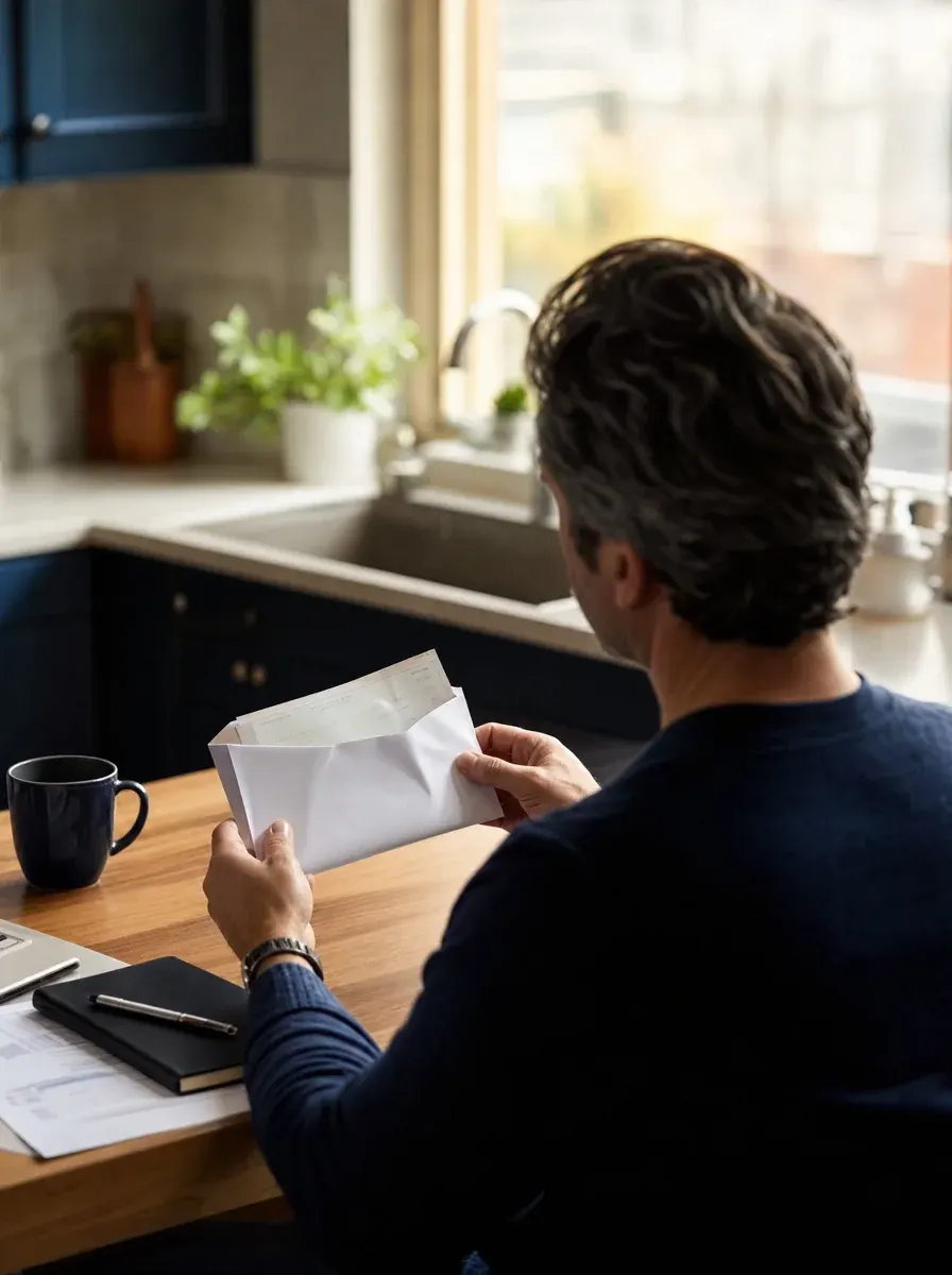 Reviewing an opened pay envelope at a kitchen counter in morning light — wages restored