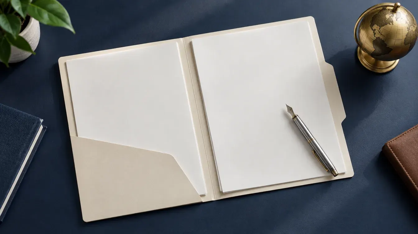 Document folder, fountain pen and globe on a navy desk