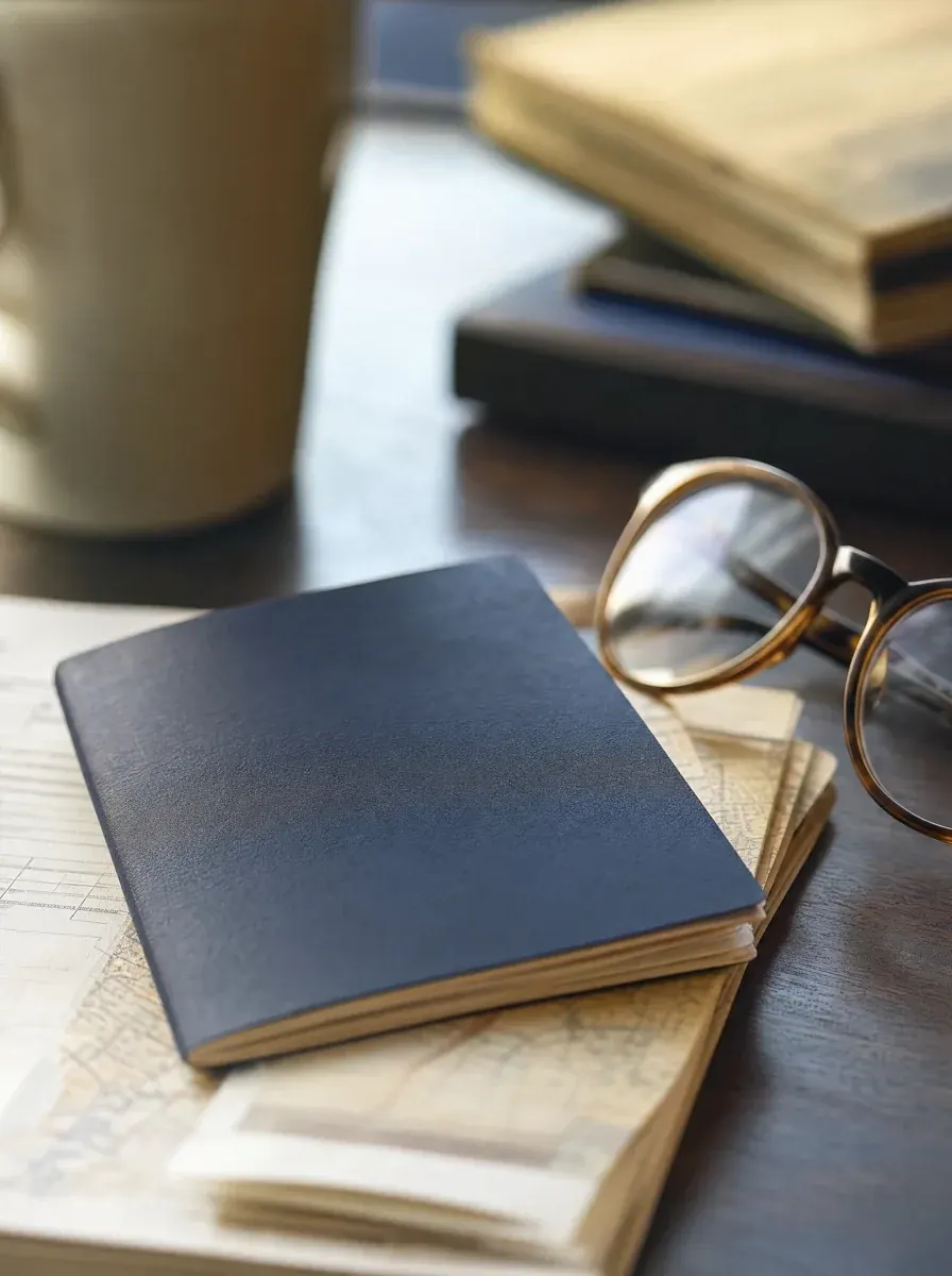 A navy passport with folded travel documents set aside on a desk — a journey paused by IRS certification
