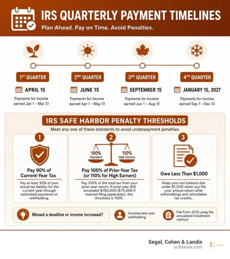 IRS quarterly payment timelines and safe harbor penalty thresholds infographic