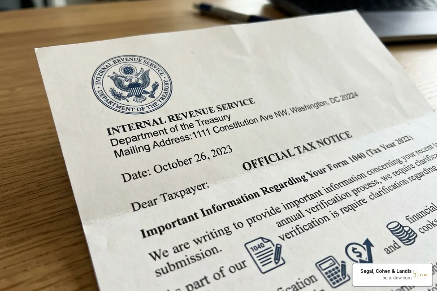 Official IRS letterhead and tax document icons