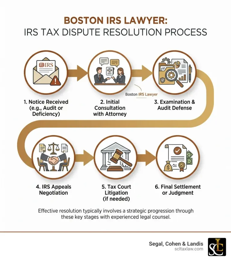 Infographic showing the IRS tax dispute resolution process: Notice received, initial consultation with attorney, examination or audit defense, IRS Appeals negotiation, Tax Court litigation if needed, final settlement or judgment - Boston IRS lawyer infographic 