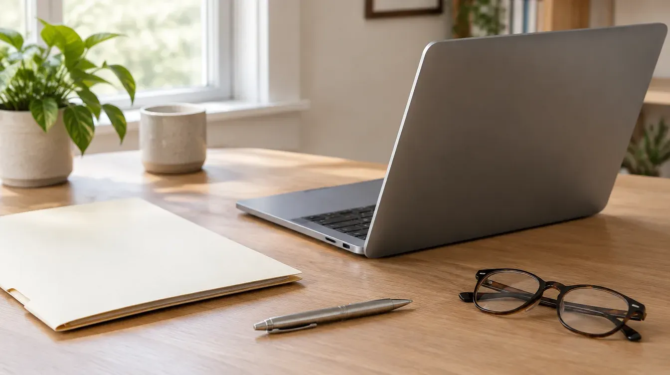 Laptop and document folder on a sunlit desk