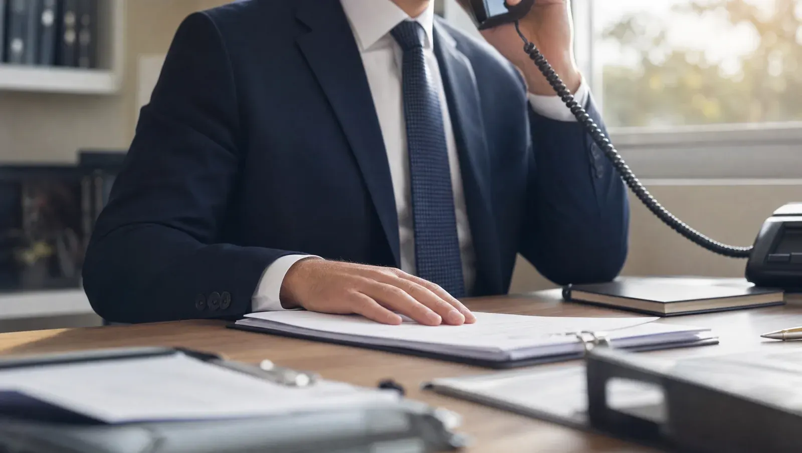 A tax attorney on the phone, documents at hand, working a levy release