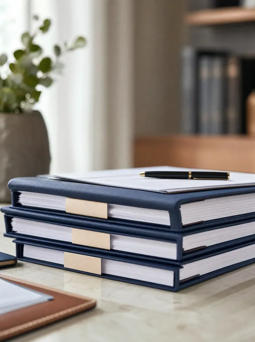 Three neatly stacked amended return sets on a clean desk — the Streamlined program's scope