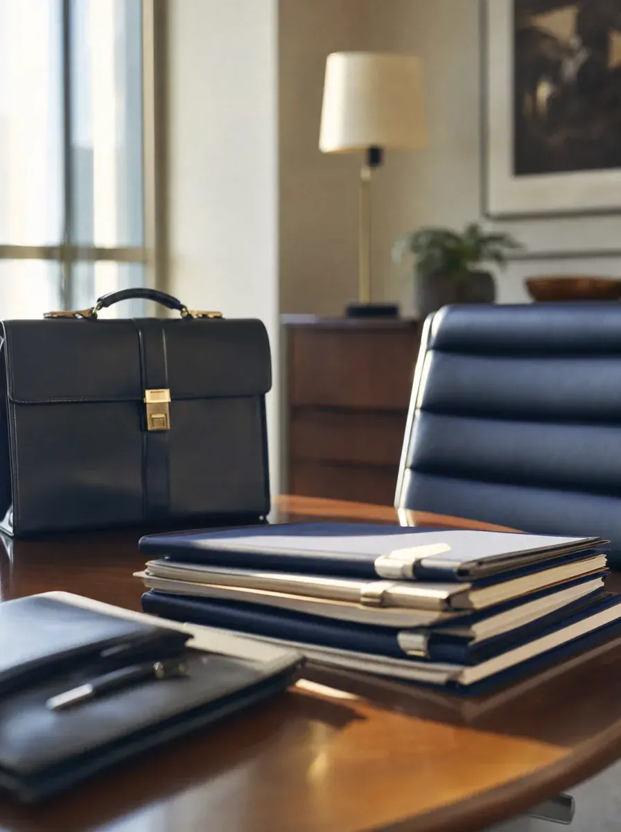 A leather briefcase and organized case files ready on a conference table