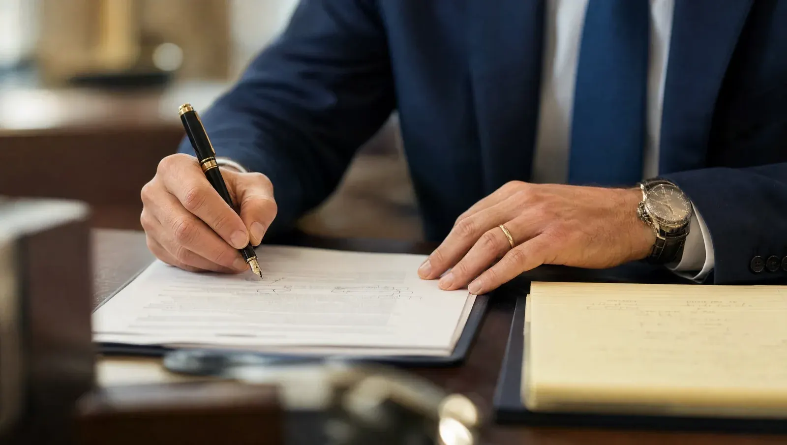 A tax attorney annotating an IRS notice with a fountain pen beside a legal pad