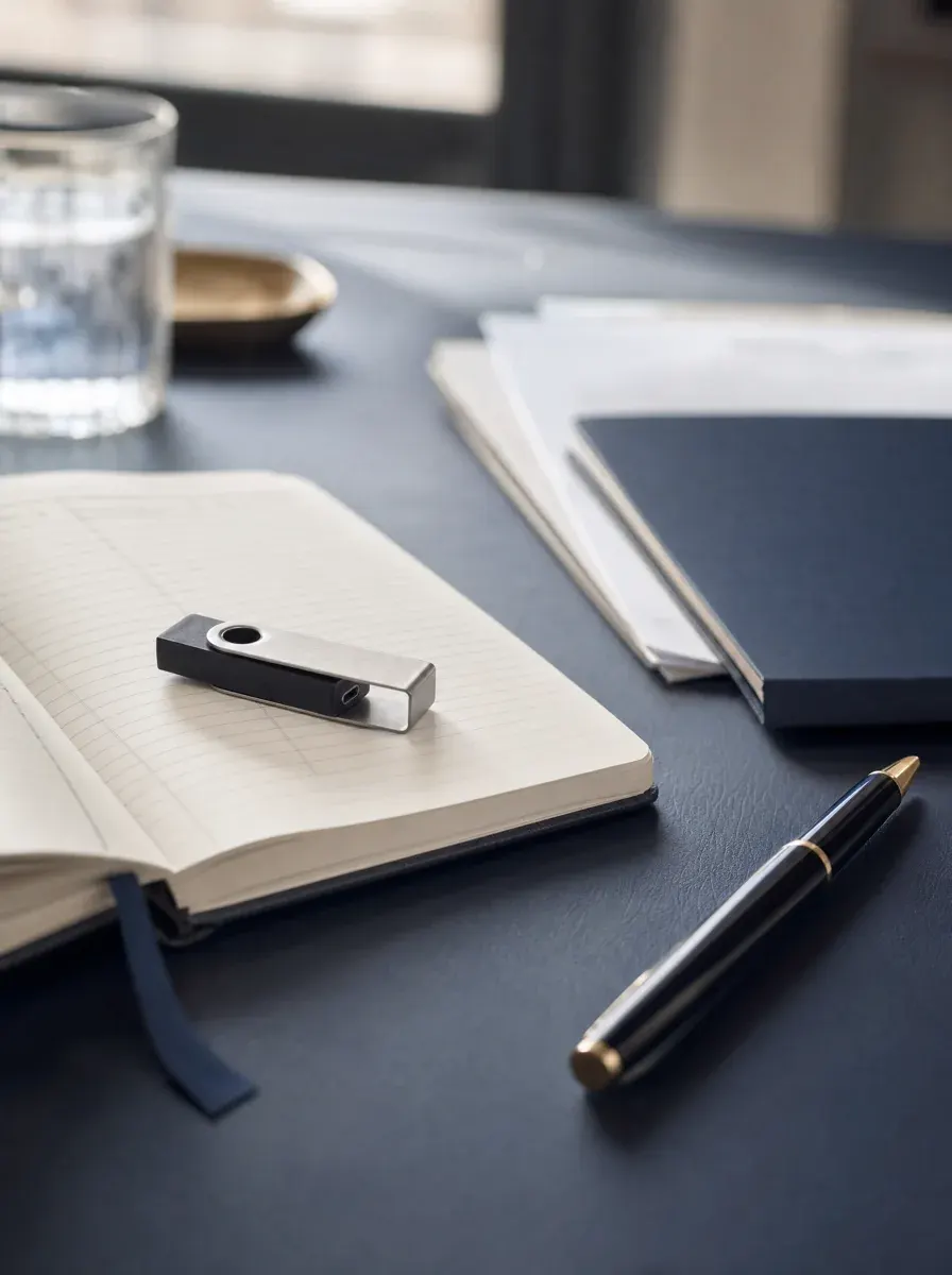 A ledger notebook and hardware wallet on a professional desk — cryptocurrency tax compliance without the hype
