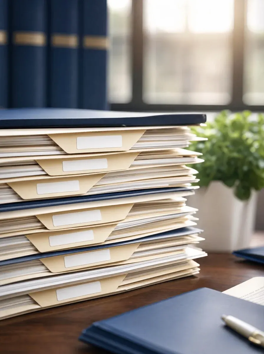 A stack of archive folders on a desk in hopeful window light — years of returns brought into order
