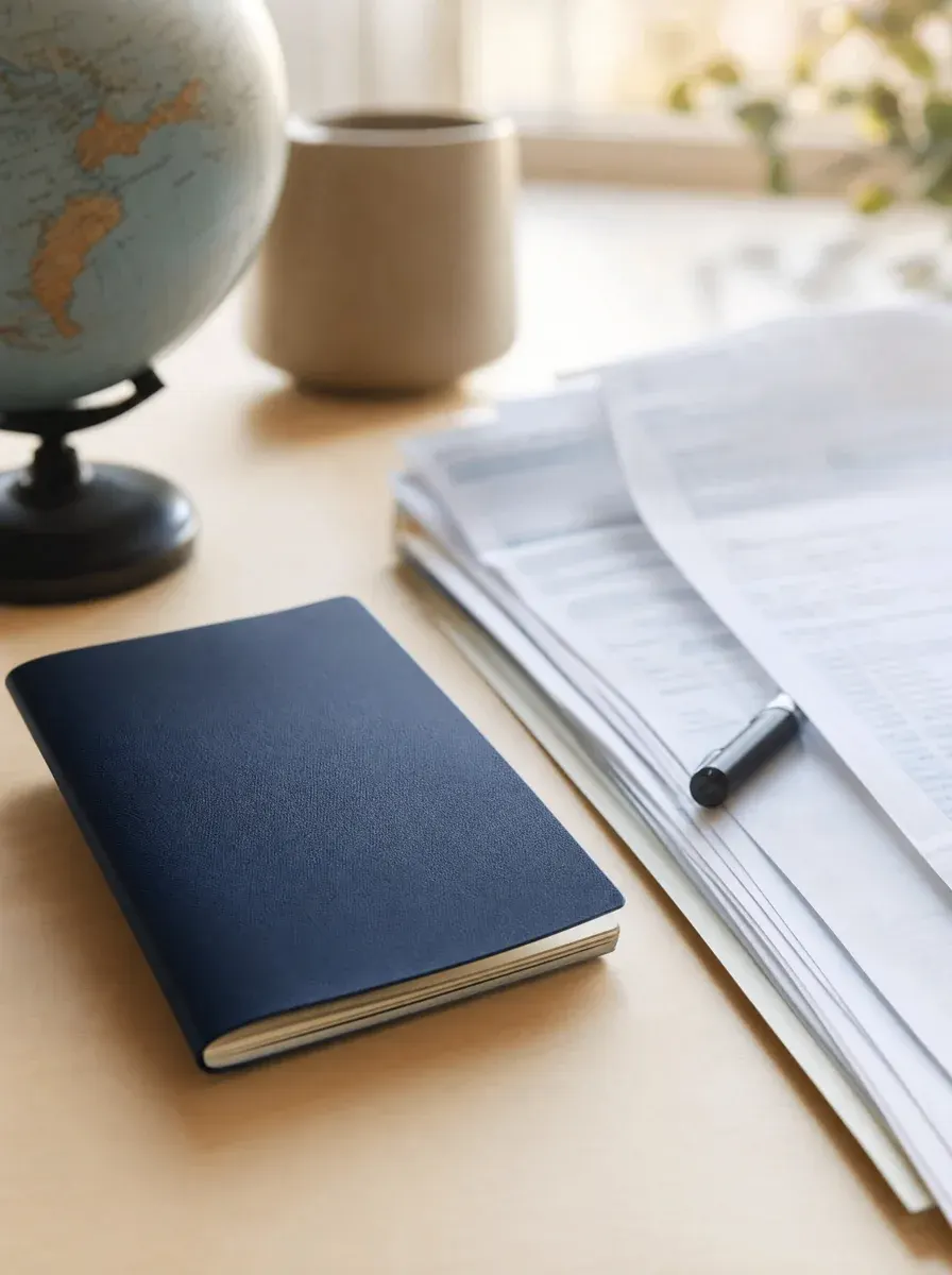 A passport beside U.S. tax documents on a clean desk — non-resident alien filing