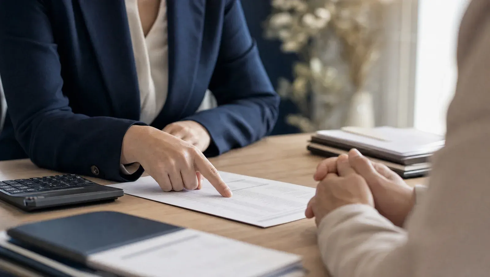 An advisor pointing out figures on a printed page during a wage garnishment consultation