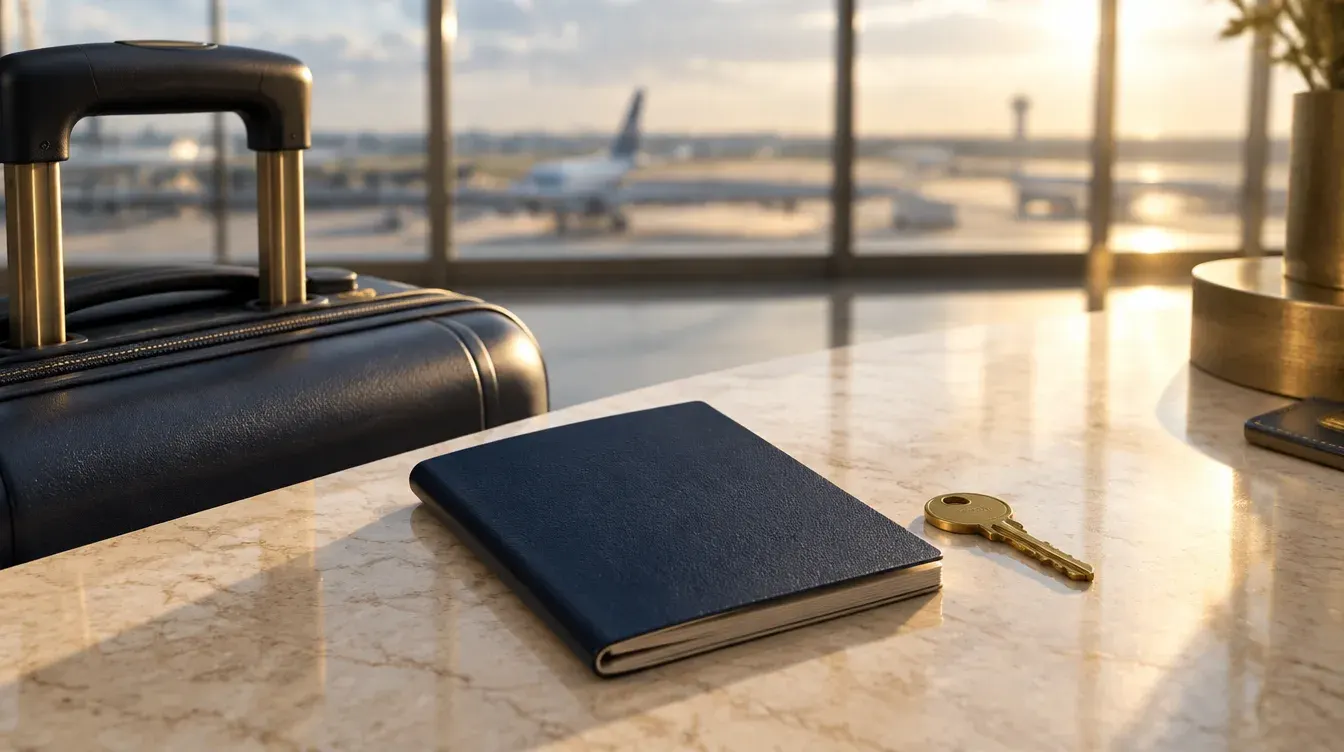 Navy travel booklet beside luggage in an airport