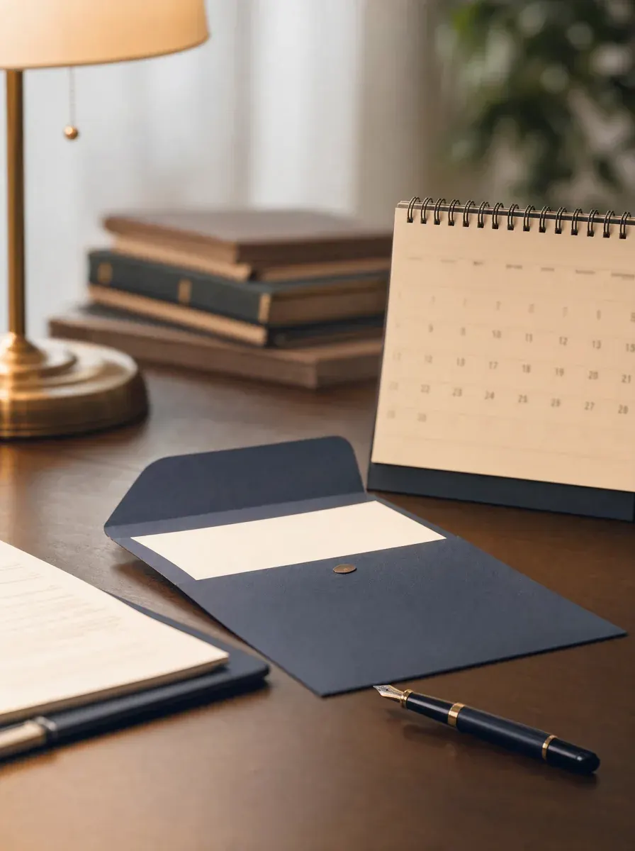 An opened official envelope beside a desk calendar — a CDP deadline met calmly