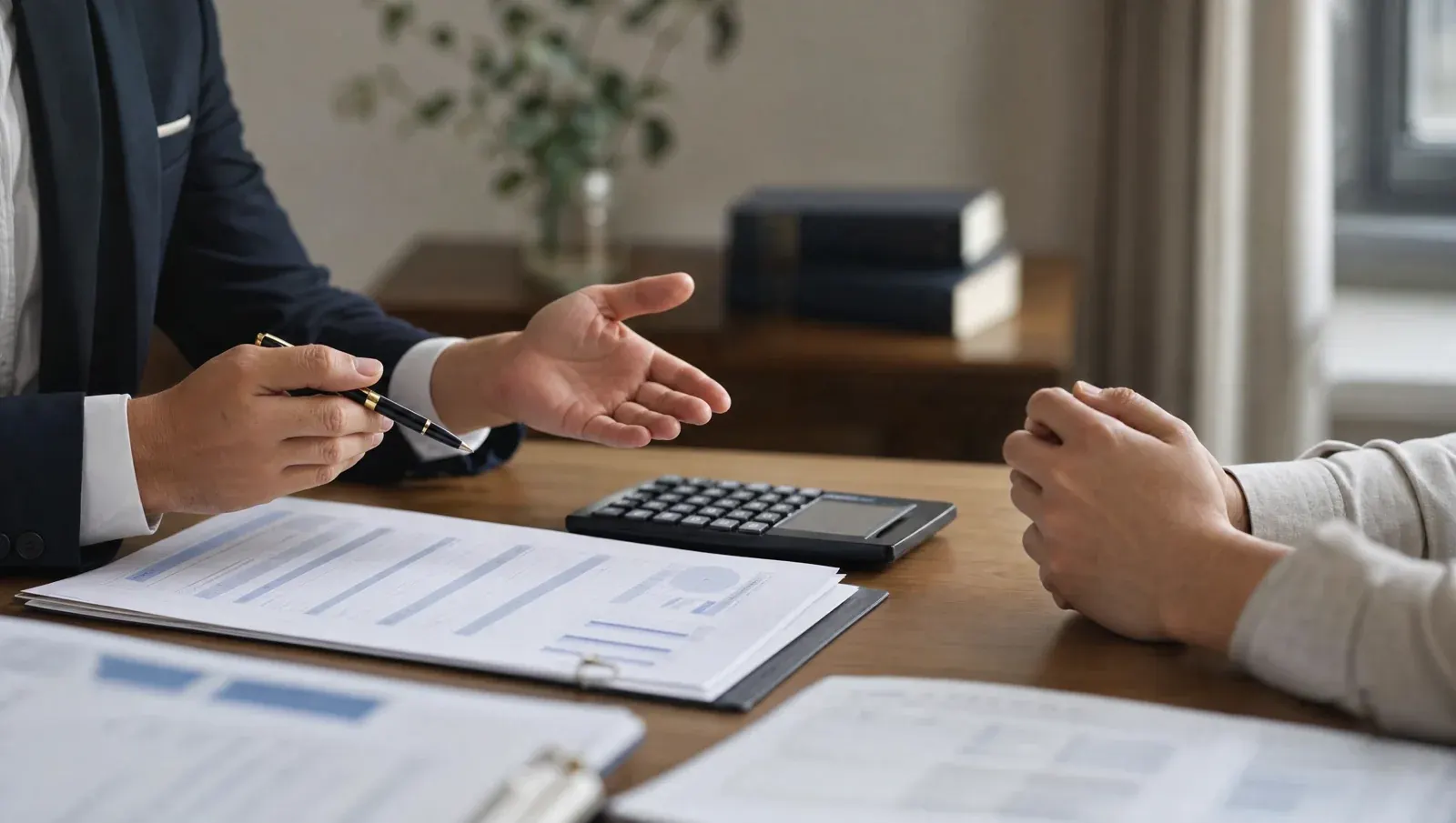 An advisor reviewing a printed budget spreadsheet with a client, calculator between them