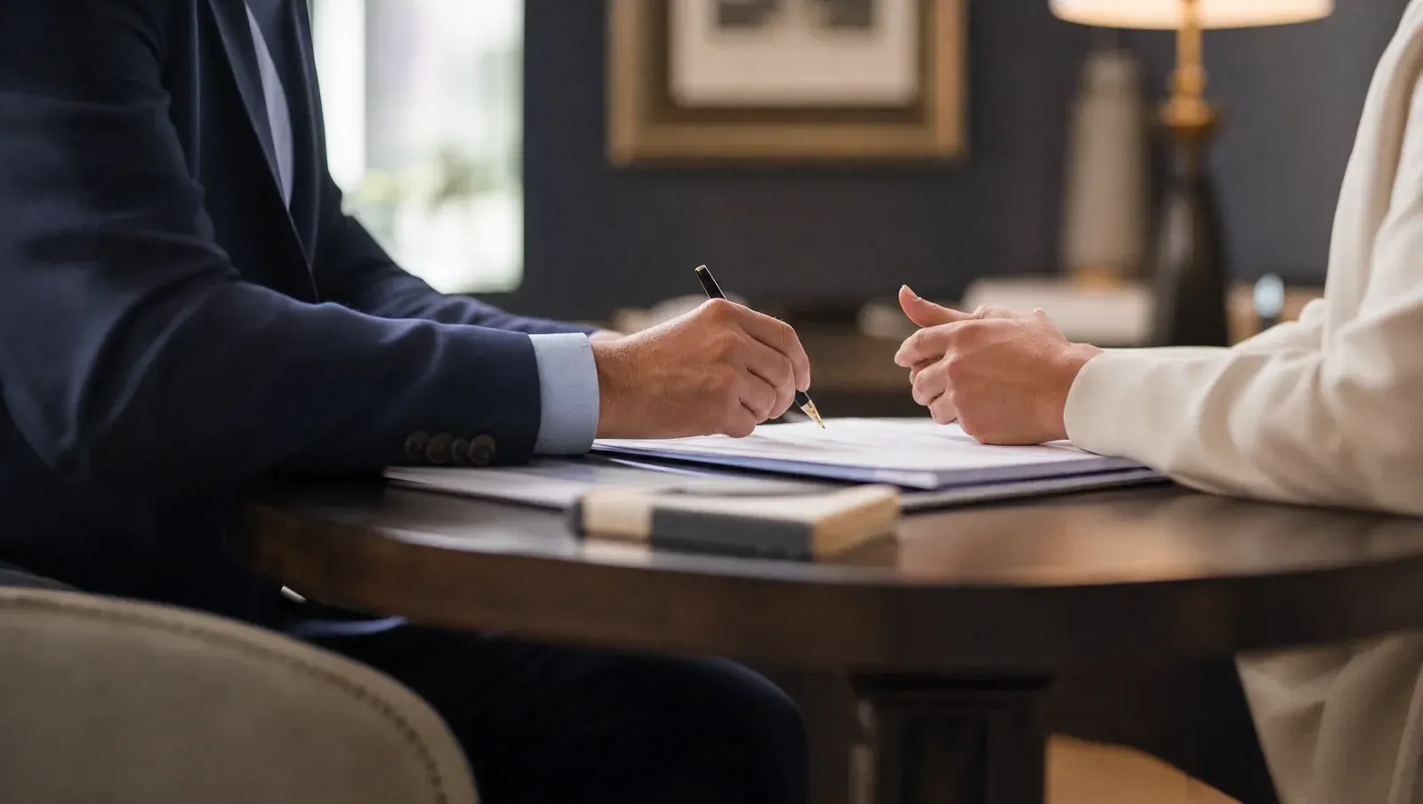 A confidential meeting between attorney and client in a private office