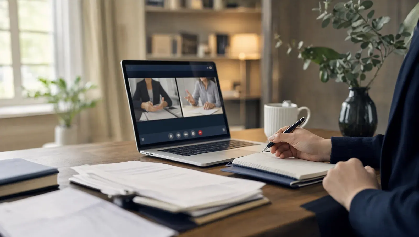 A video-call consultation from a home office abroad