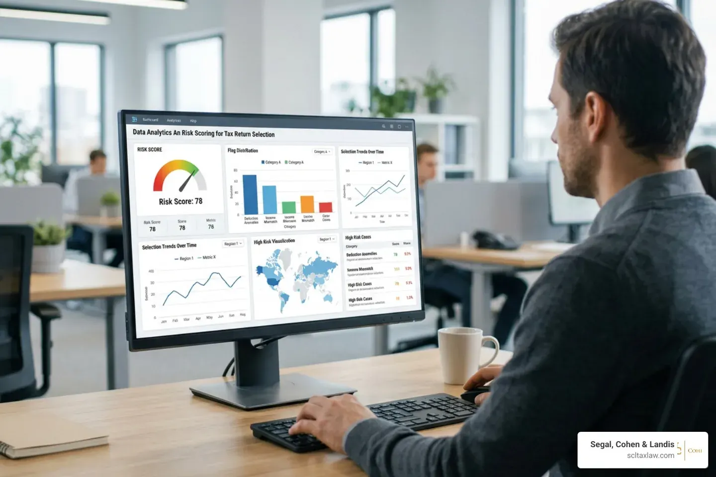 Computer screen displaying data analytics and risk scoring for tax return selection