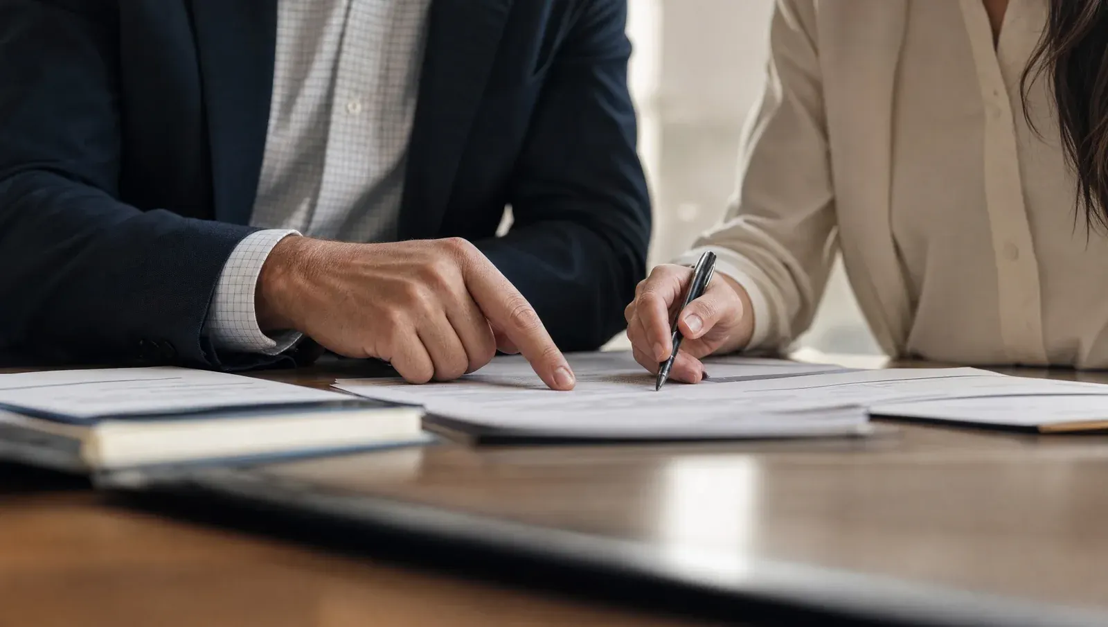 Two people reviewing audit documents side by side at a table