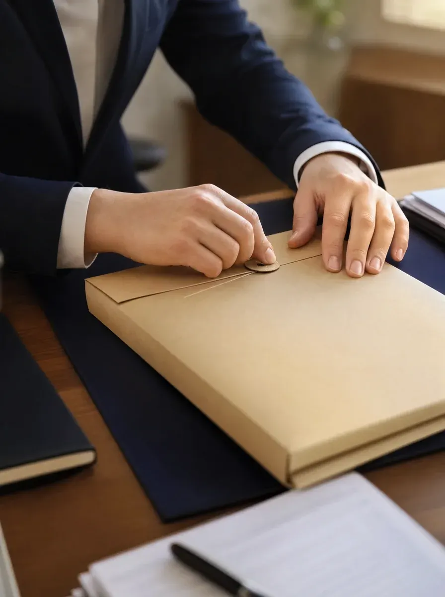 Hands sealing a large document envelope on a tidy desk — coming forward on your own terms
