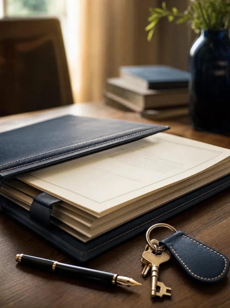 Estate documents in a leather folio beside house keys — stewardship of what's passed on