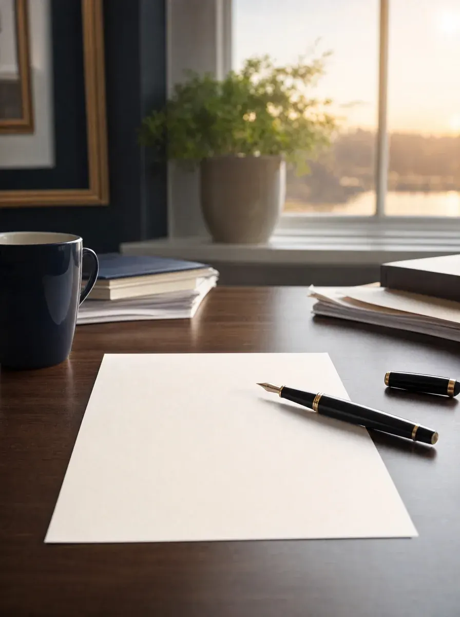 A crisp blank document and fountain pen on a cleared desk at dawn — a fresh start