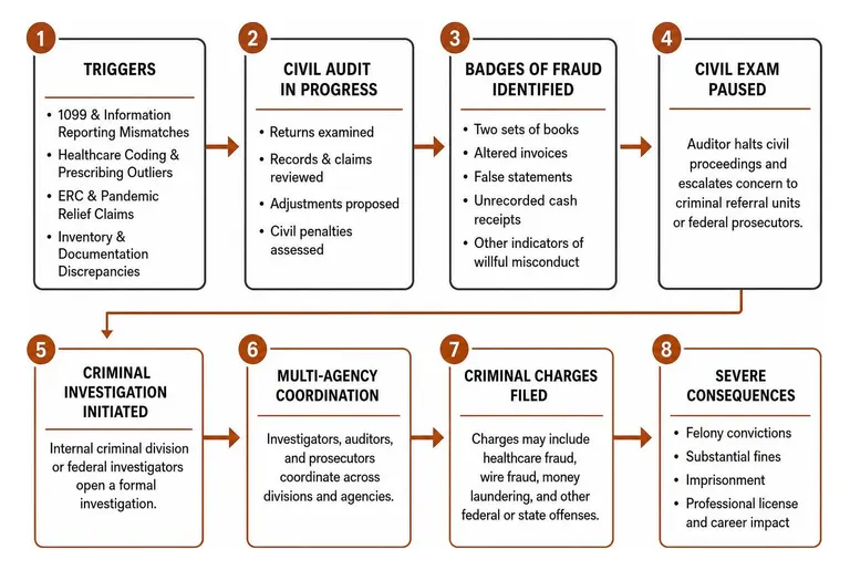 Civil audit to criminal investigation escalation pathways