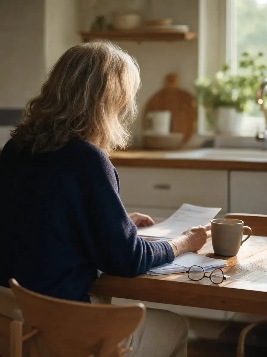 Taxpayer calmly reviewing bills at a kitchen table in soft morning light — the breathing room Currently Not Collectible status provides