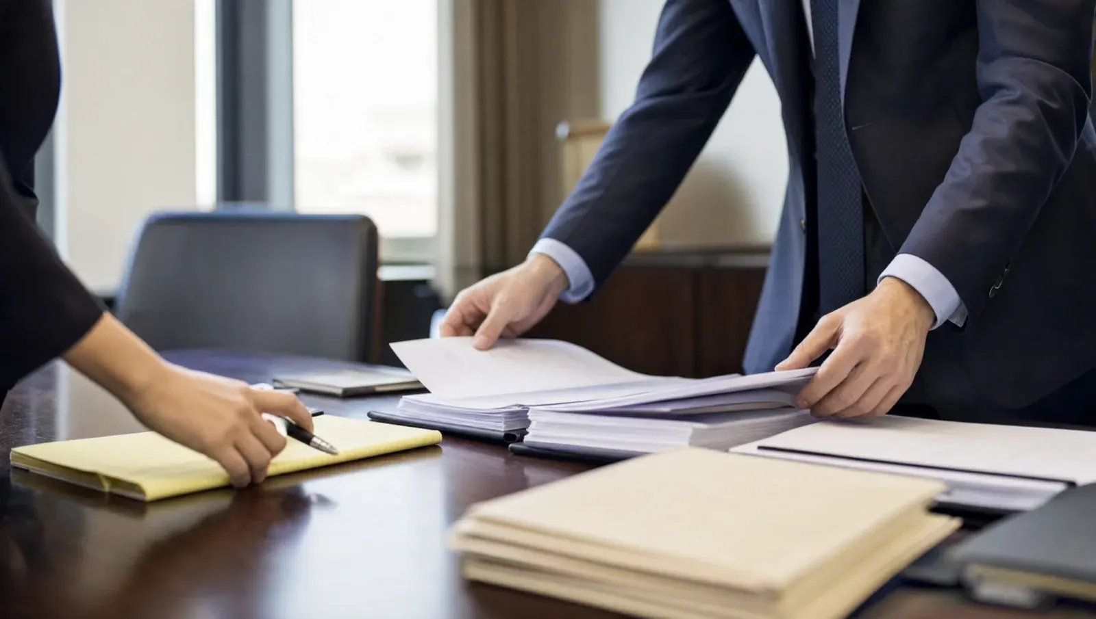 Arranging case documents across a conference table — hearing preparation