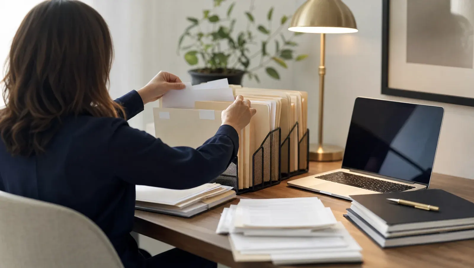 Sorting years of paperwork into labeled folders at a desk