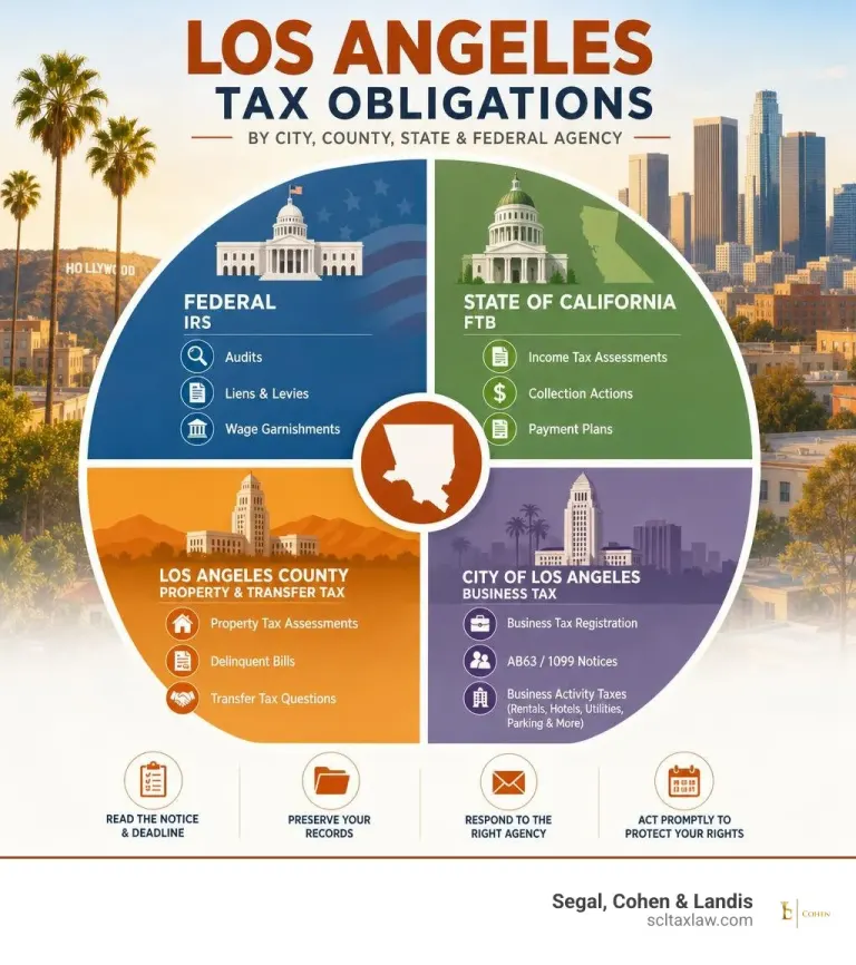 Los Angeles tax obligations by city county state and federal agency infographic