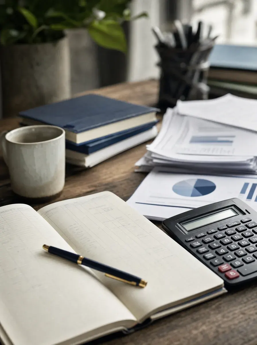 A payroll ledger and quarterly paperwork on a business desk