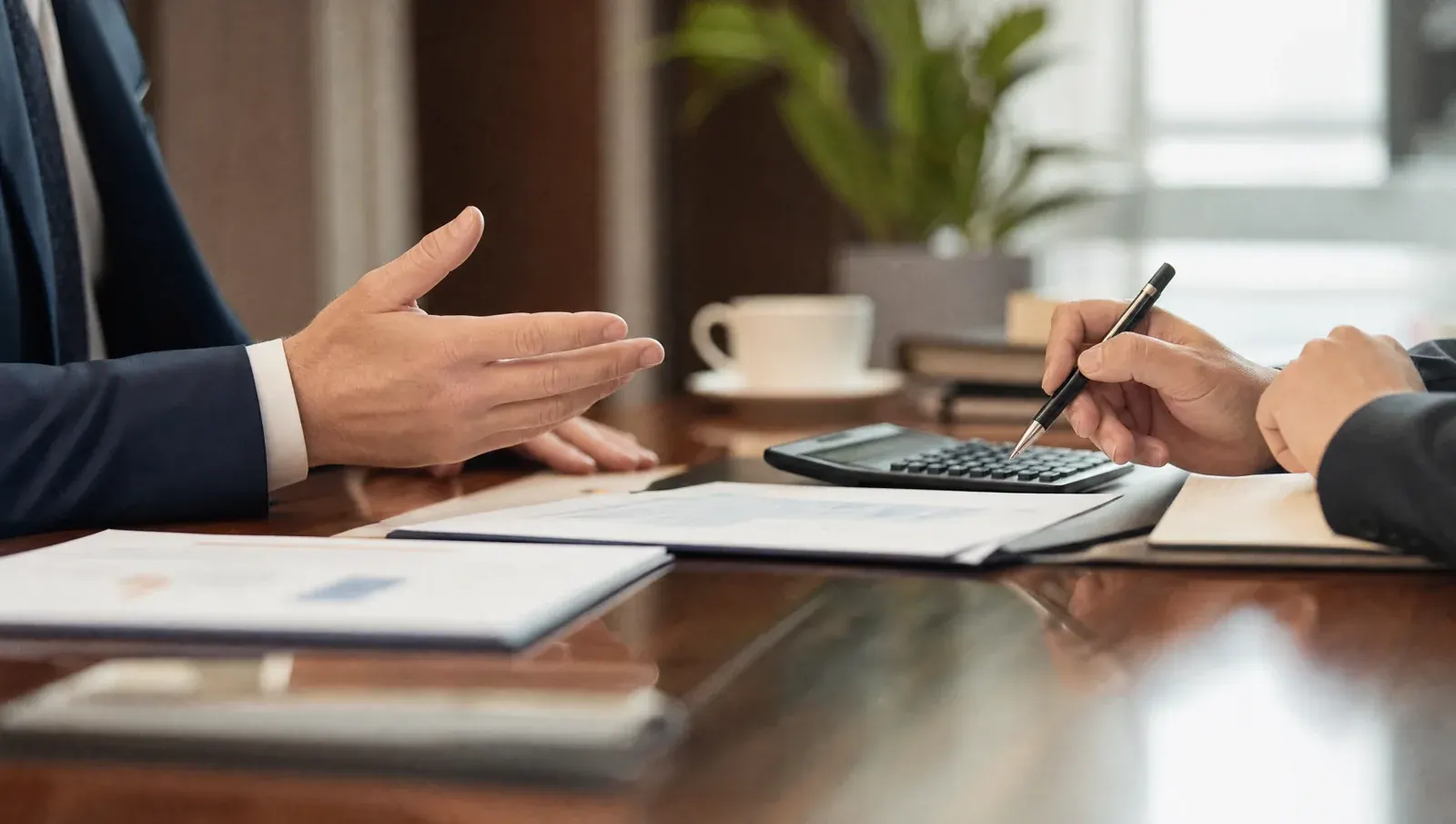 Negotiating across a conference table over organized financial documents and a calculator