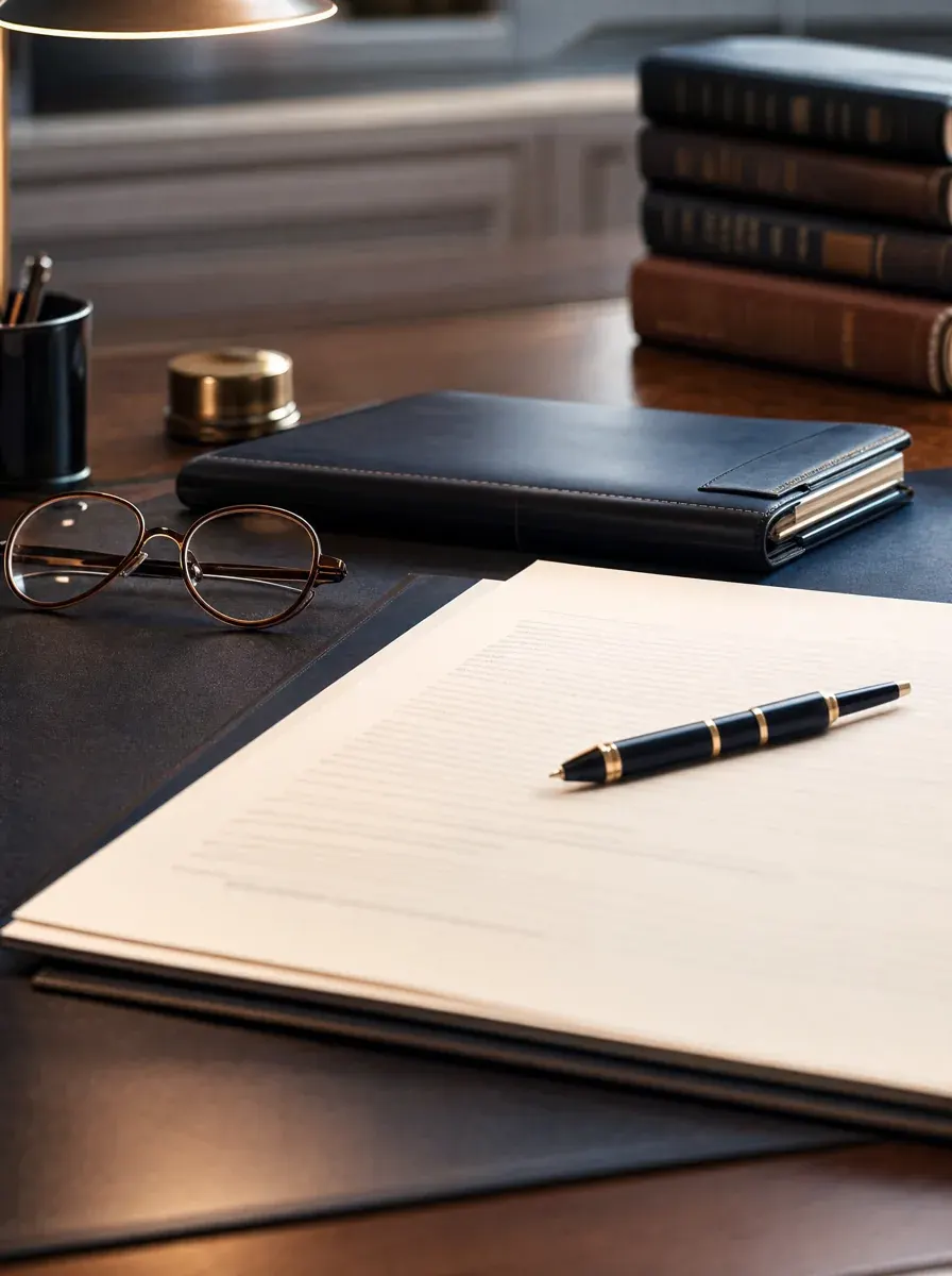 An official penalty letter set on a desk beside a closed leather folio — composed response to a Form 3520 assessment
