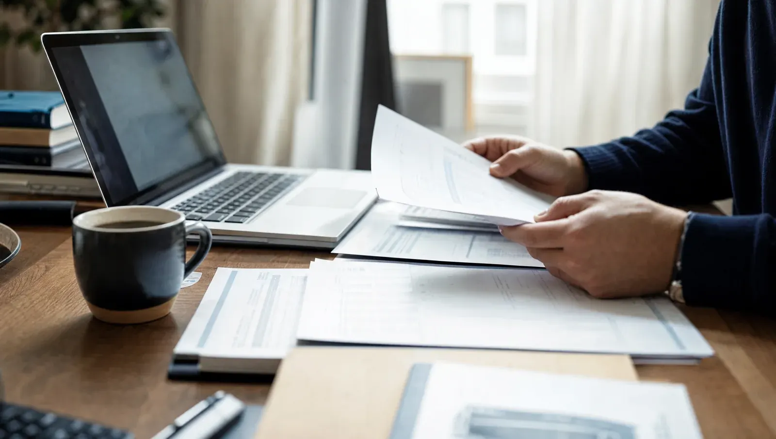 An expat's desk with account statements and a laptop — assembling years of FBAR filings