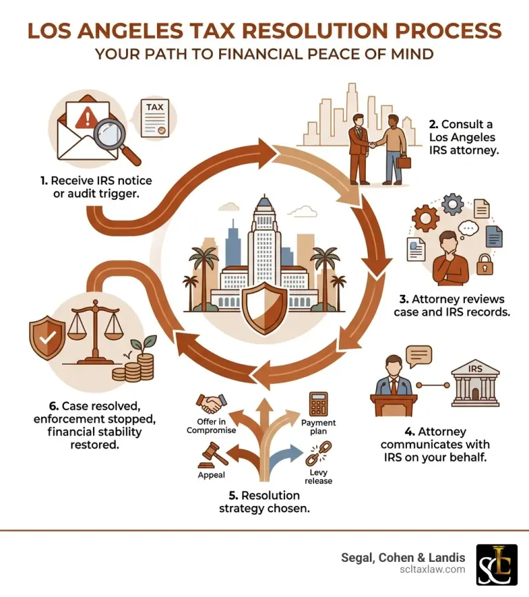 Infographic showing the tax resolution process for Los Angeles taxpayers: Step 1 - Receive IRS notice or audit trigger; Step 2 - Consult a Los Angeles IRS attorney; Step 3 - Attorney reviews case and IRS records; Step 4 - Attorney communicates with IRS on your behalf; Step 5 - Resolution strategy chosen (e.g., Offer in Compromise, payment plan, appeal, levy release); Step 6 - Case resolved, enforcement stopped, financial stability restored - Los Angeles IRS attorney infographic 