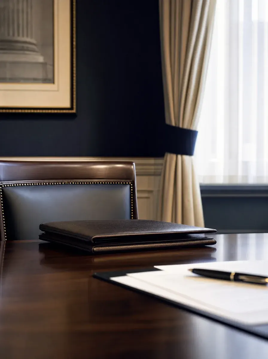 A dark counsel table with a closed leather portfolio — the quiet gravity of a criminal tax matter