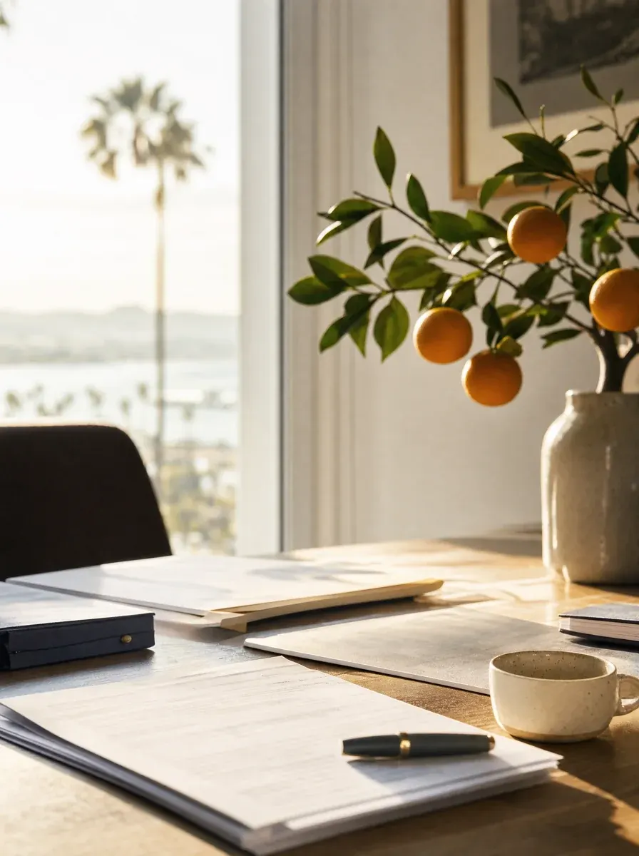 A sunlit California desk with state tax paperwork in late-afternoon light