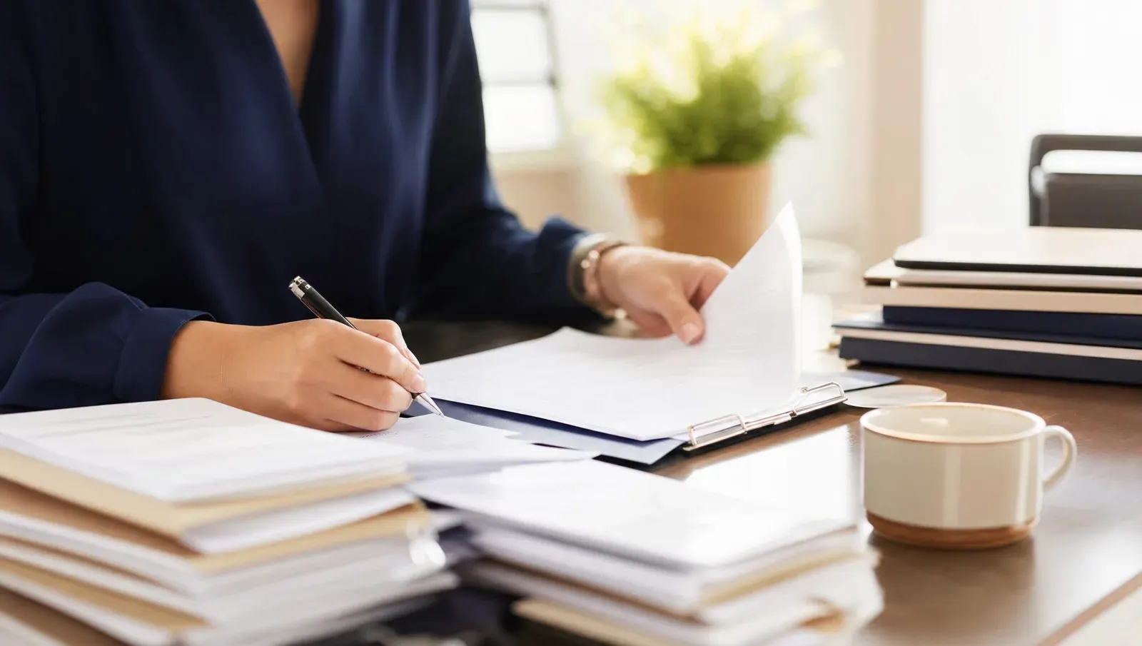 Payroll records under review in a small-business office