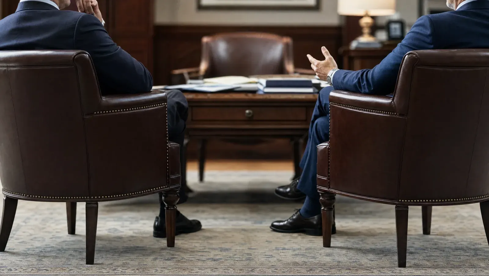 A privileged conversation between attorney and client in a wood-paneled office