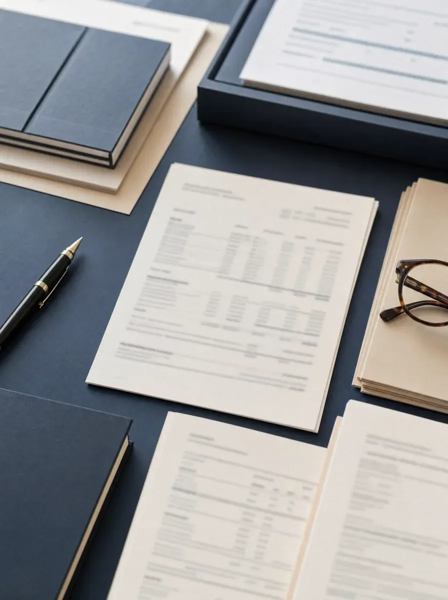 Account statements arranged in a precise flat-lay — FATCA Form 8938 reporting