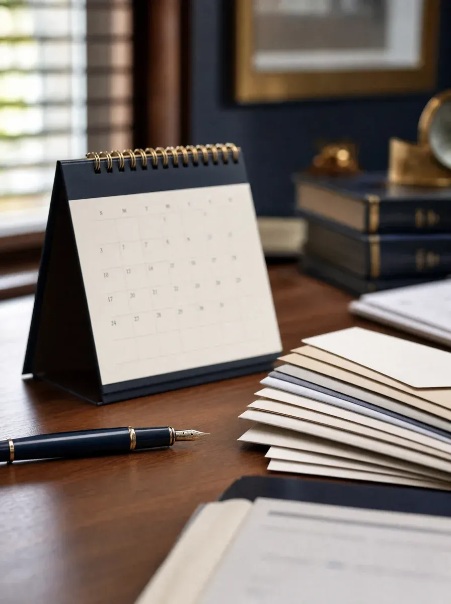 A desk calendar, fountain pen, and a neat stack of envelopes — a steady monthly payment rhythm