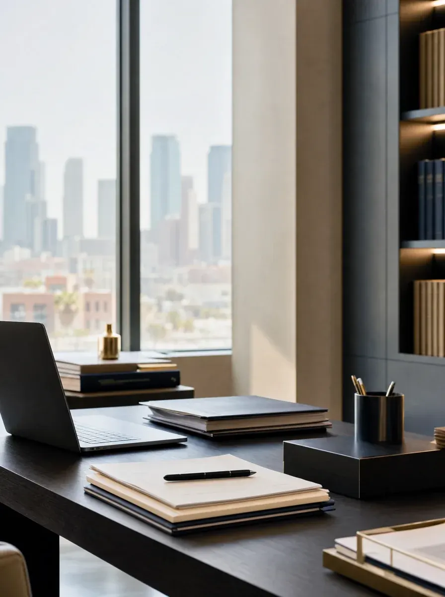 A modern Los Angeles office desk with organized business records
