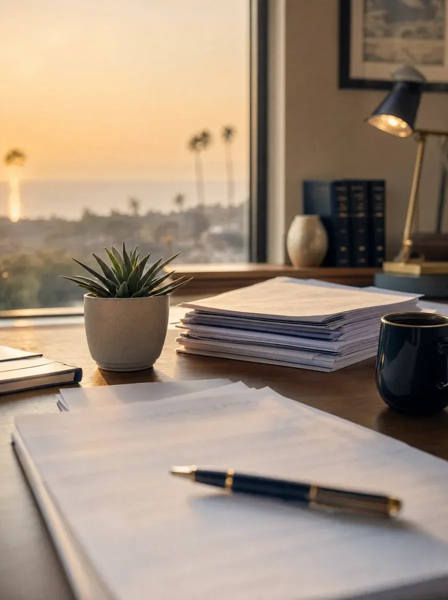 Golden-hour light across a California home-office desk with state tax paperwork